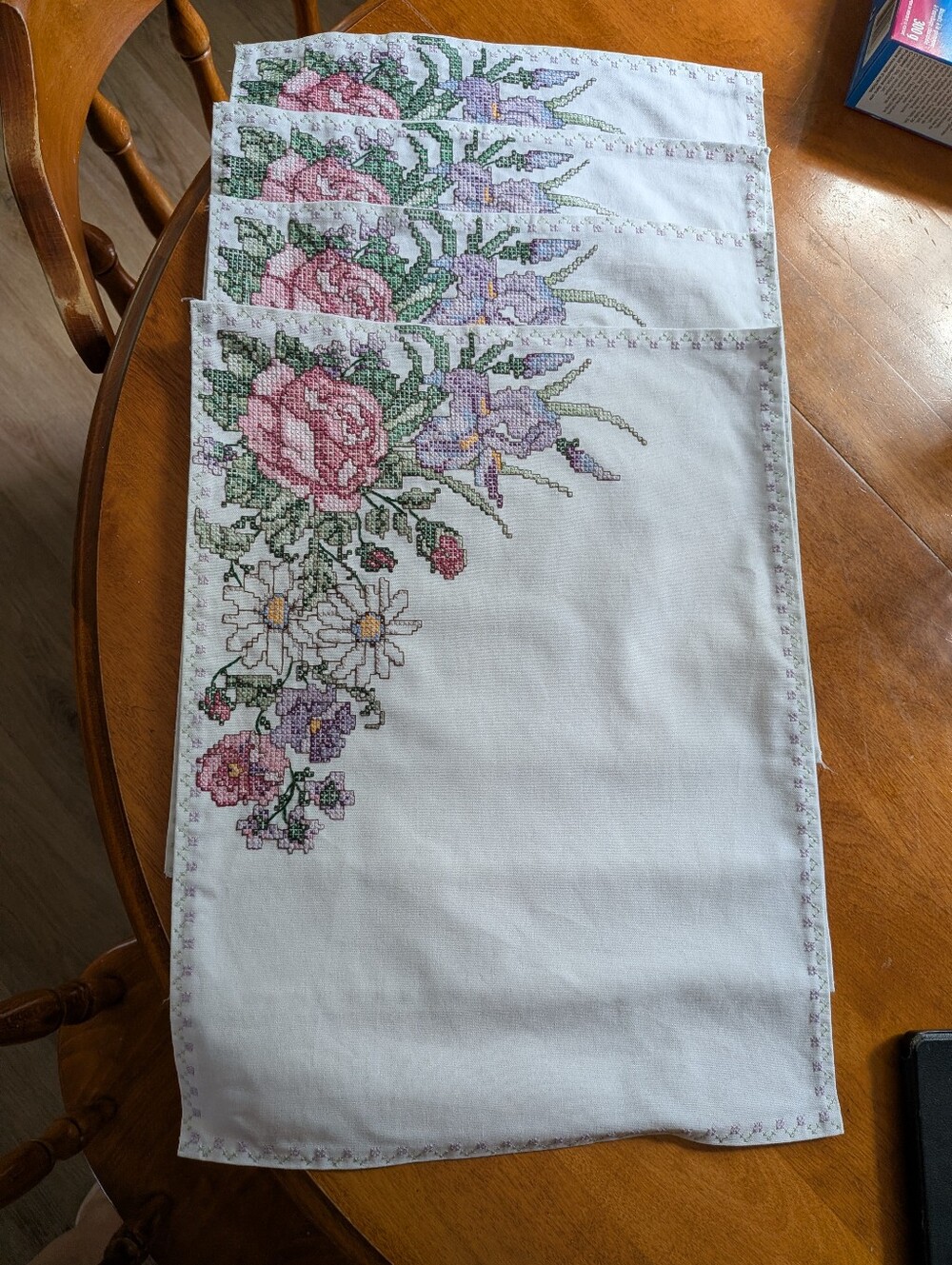 Set of 4 Vintage Hand-stitched Cross-Stitch Placemats
